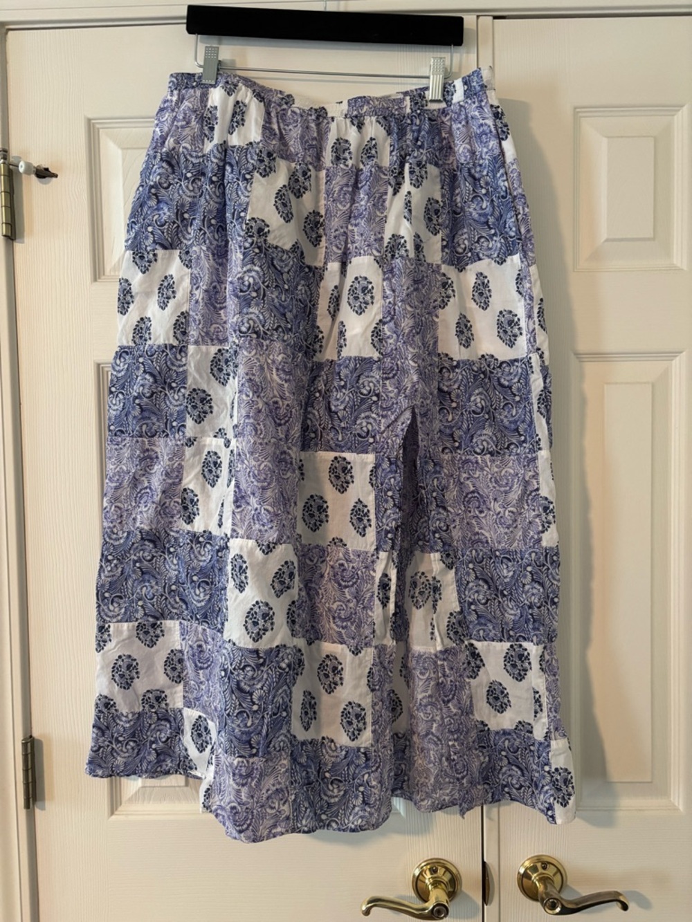 J. Crew Blue and White Patchwork Maxi Skirt